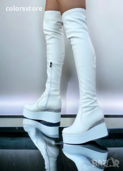 Ботуши на платформа - бяла кожа и брокат - 122K, снимка 1