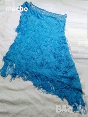 Светло синя асиметричн рокля с ресни и камъни по горния ръб, снимка 1