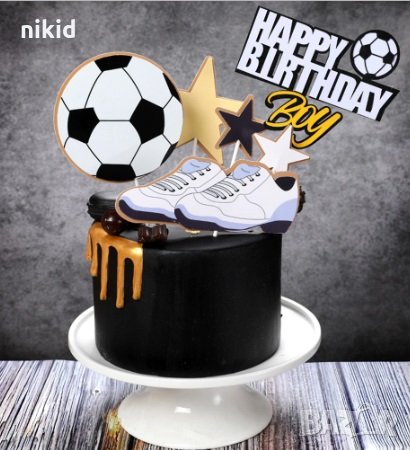 5 бр Футболна топка маратонки звезди Happy Birthday Boy топер клечки картон декор украса за торта, снимка 1