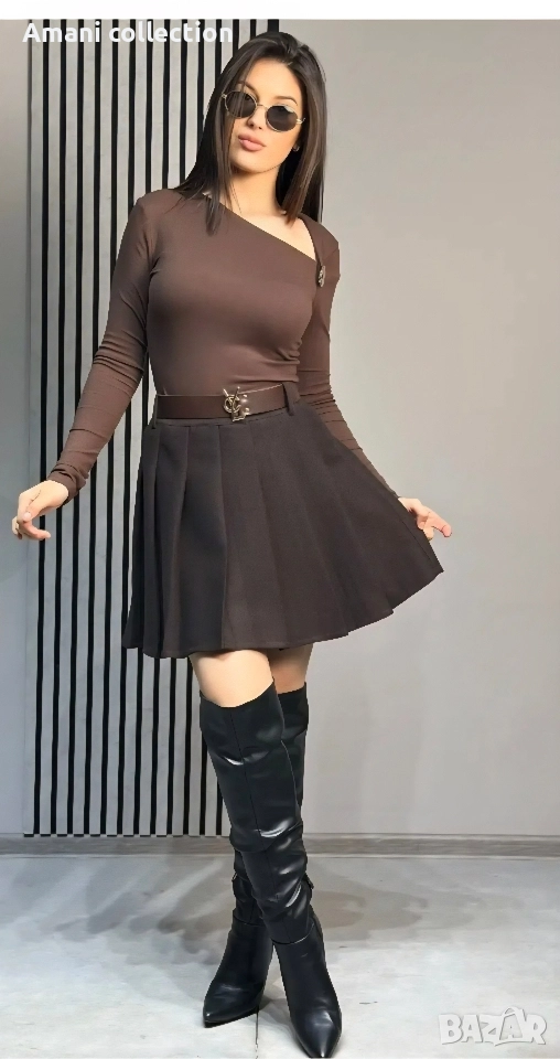 Плисирана пола от вълна с коланче, снимка 1