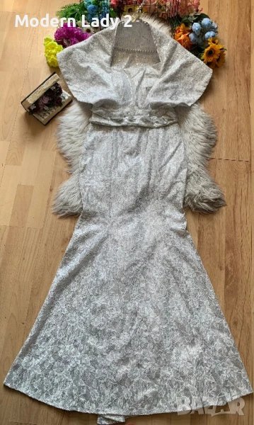 Официална дълга мръсно бяла рокля с пайети, снимка 1