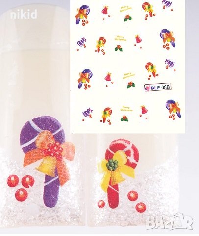 BLE088 Коледни Бастунчета коледен ваденки водни стикери слайдери за нокти маникюр, снимка 1