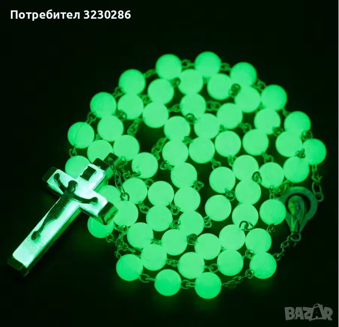 Светещо в тъмното колие с броеница с кръст, снимка 1