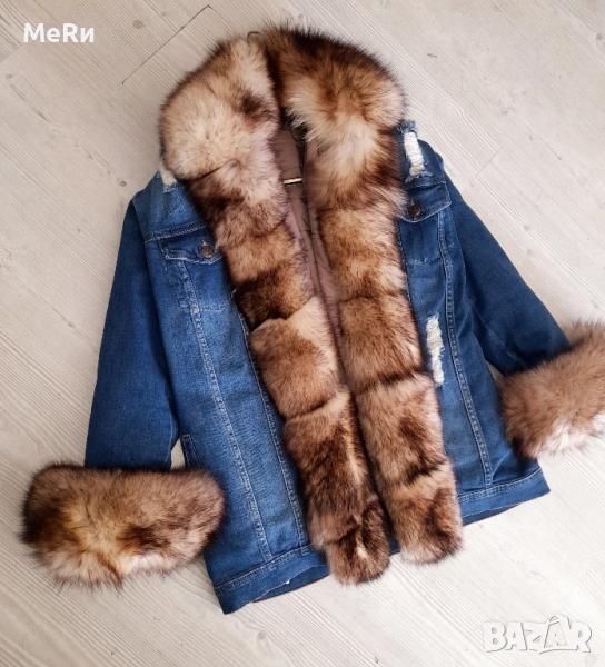 Дънкова парка с естествен косъм , снимка 1