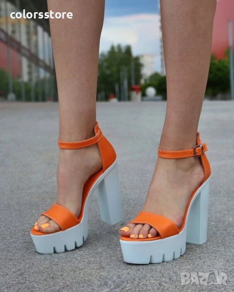 Сандали на ток - оранжева кожа с бяло ходило - 624  , снимка 1
