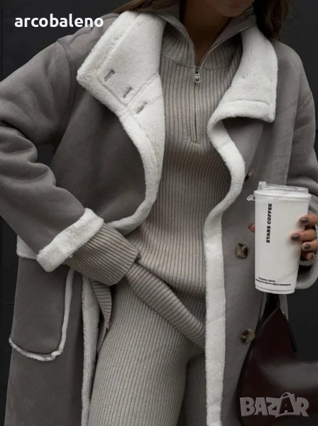 Дамско палто с джоб в сиво и бяло, едно цяло кожено палто с ревер - 024, снимка 1