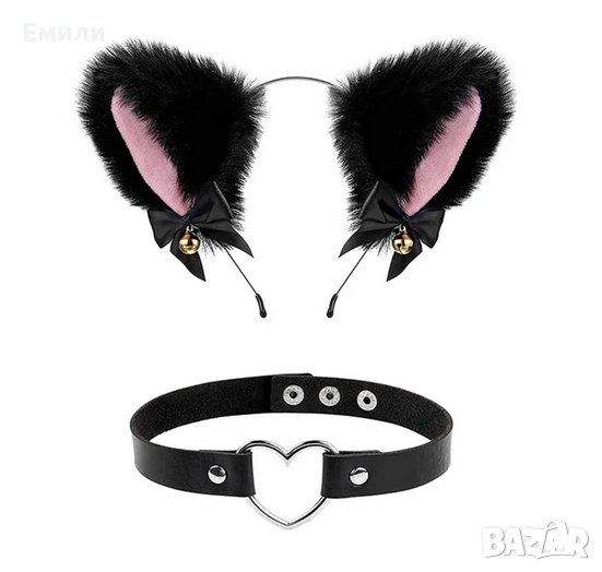 Комплект чокър колие и дамска диадема с плюшени котешки-лисичи уши с панделка и звънче, снимка 1