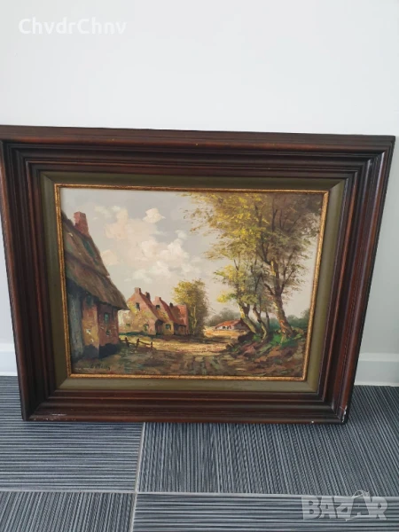 70х60см/стара голяма картина масло върху платно/селски пейзаж/къщи-път-дървета/дървена рамка, снимка 1