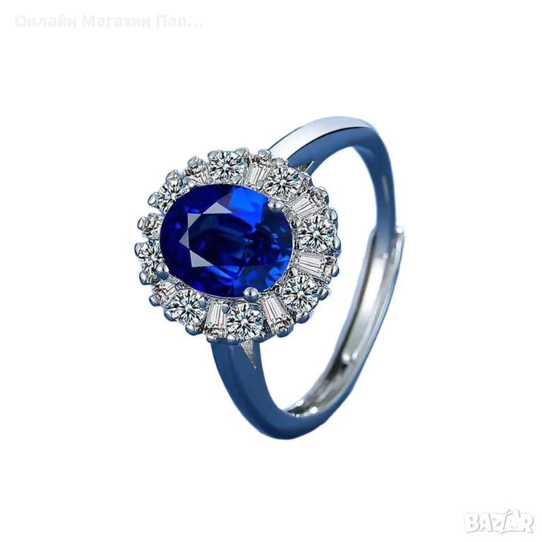 Дамски Пръстен 925 Сребро „Принцеса Даяна“ Син Овал Циркон 8мм, снимка 1