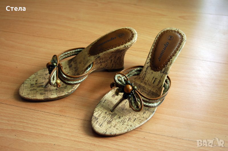 Летни дамски обувки – нови, имитация на корк, с платформа, беж, снимка 1