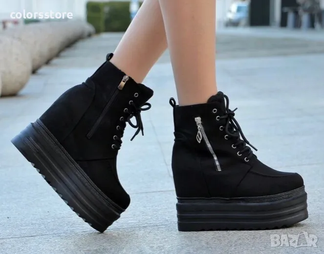 Боти на платформа - черен велур - BML88, снимка 1