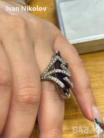 Невероятен голям сребърен пръстен с аметист, снимка 2 - Пръстени - 52905713