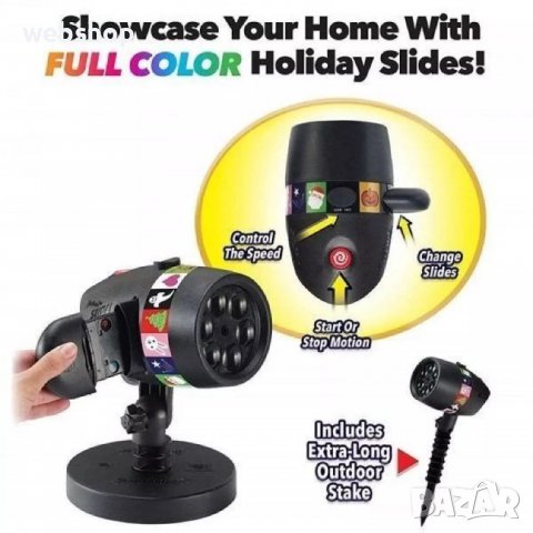 Лазерен проектор Star Shower Slide, 2 бр. стойки, 12 бр. приставки с фигури, Черен, снимка 4 - Други стоки за дома - 38643298