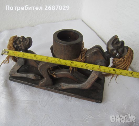 негри 25 см дълга композиция от дърво с дървен съд, жена керамика моливник, пепелник, снимка 6 - Статуетки - 37587922