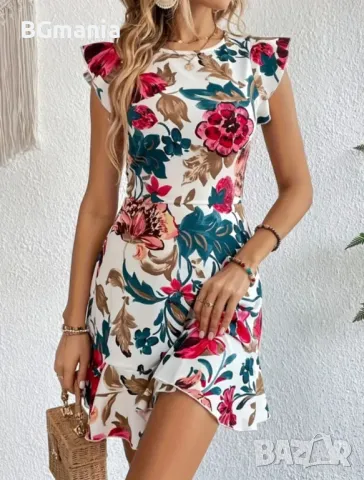 Еластична свободна рокля в бяло на цветя с паднал ръкав размер Л, снимка 5 - Рокли - 50042127