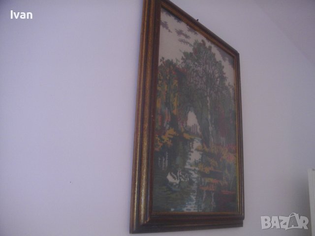 Нов Голям DMC Гоблен-Холандски-Рамкиран-Есенен Речен Пейзаж-550х410мм-ОТЛИЧЕН, снимка 11 - Гоблени - 37110162