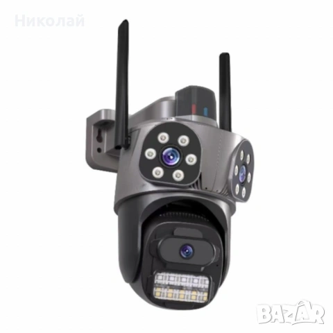 Тройна външна WiFi камера 9MP с аларма, 24 диода, iCSee, 64GB памет