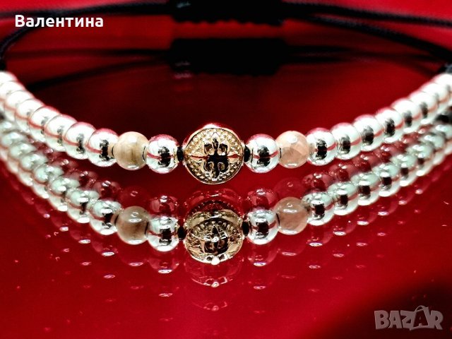 Дамска сребърна гривна с елемент с покритие от розово злато и естествени камъни, снимка 1 - Гривни - 32215967