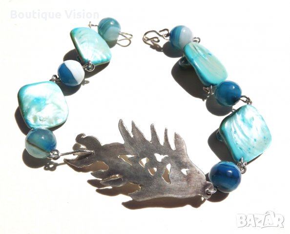 Ново! Сребърна гривна 950 проба с естествени камъни - Ахат и Седеф