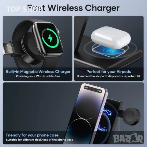G603 Безжично зарядно устройство 3 в 1,iPhone,Apple Watch,AirPods, снимка 4 - Безжични зарядни - 48648196