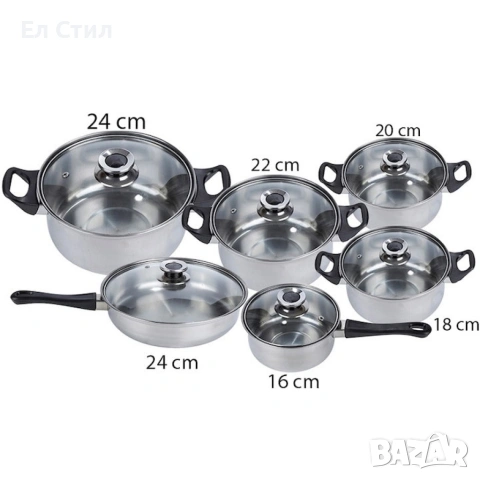 Комплект готварски съдове от инокс 12 части: 5 тенджери, тиган и стъклени капаци (16-24 см), снимка 4 - Прибори за хранене, готвене и сервиране - 53563536