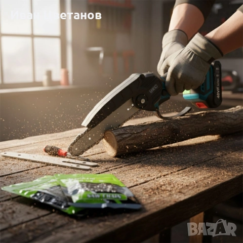 Акумулаторен трион за дърво и клони UKC 48V – 6″ верижна резачка с 2 батерии и 2 вериги