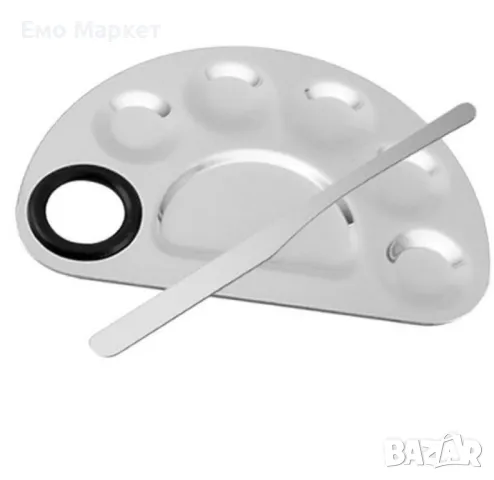 Полукръгла палитра за смесване на грим от неръждаема стомана с помощна пръчица, снимка 3 - Козметика за лице - 49512299