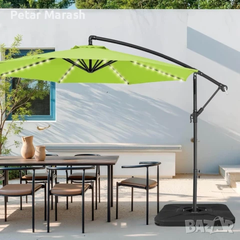 Висящ градински чадър 3м със соларни LED светлини – Зелен, снимка 6 - Градински мебели, декорация  - 51051201