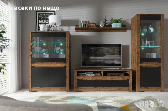 Витрина RUSO REG2W2D корпус дъб април/фронт черно мат Код P1836, снимка 3 - Секции и витрини - 53014889