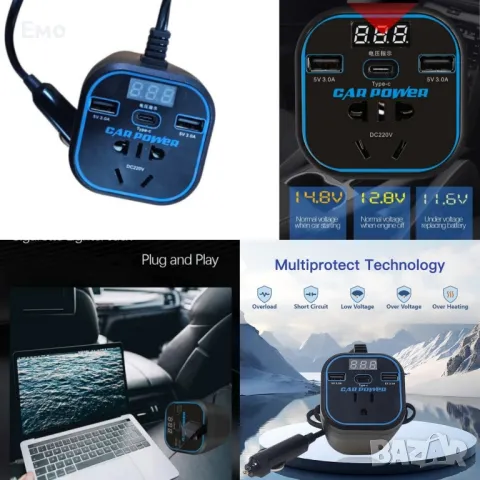 Преобразувател за захранване, адаптер за зарядно за кола с 3.0A двоен USB и Type-C,12V/24V към 220V