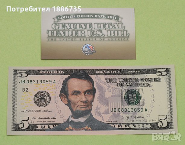 Банкноти $5 U.S 2-Sided * Genuine Legal Tender COLORIZED (day and night version), снимка 4 - Нумизматика и бонистика - 32461332