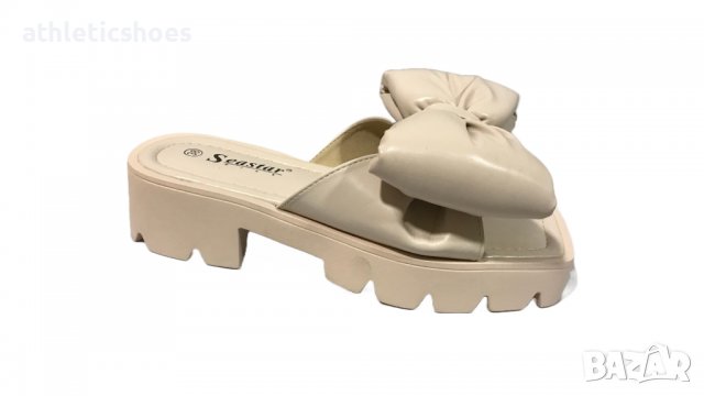 Дамски кожени чехли на платформа с панделка, снимка 4 - Чехли - 37256245