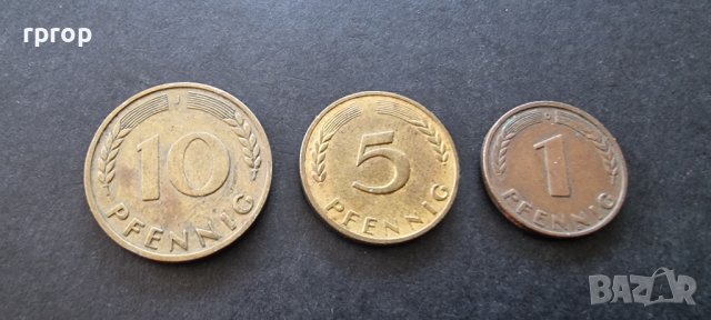 Монети . Германия. 1, 5 и 10 пфенига. 1950 година.