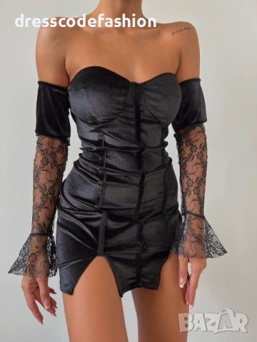 Стилна и женствена рокля от кадифе и нежна дантела в черен цвят “Amber”, снимка 1 - Рокли - 43188164