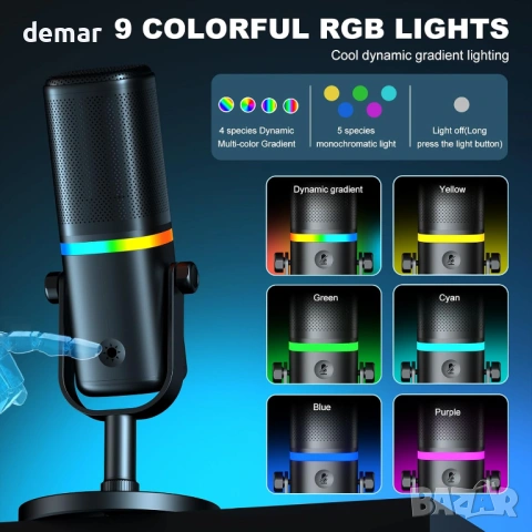 Микрофон Aokeo USB/XLR динамичен настолен микрофон с RGB светлина, бял, снимка 3 - Микрофони - 53427741