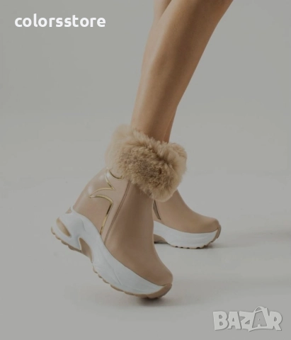 Боти на платформа - бежова кожа с пух - BH2025 