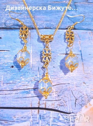 Прекрасен комплект бижута обеци и колие със скъпоценни камъни Опал и филигранни орнаменти цвят злато, снимка 11 - Бижутерийни комплекти - 43414640