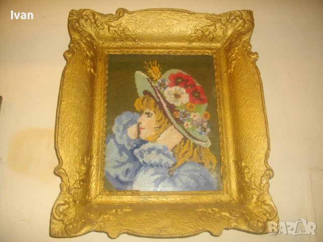 Стар/Старинен DMC Гоблен-Ръчно Нашиван-Германия-Рамкиран-Гипс-460х390мм-Момиче С Боне-ОТЛИЧЕН, снимка 2 - Гоблени - 37088937