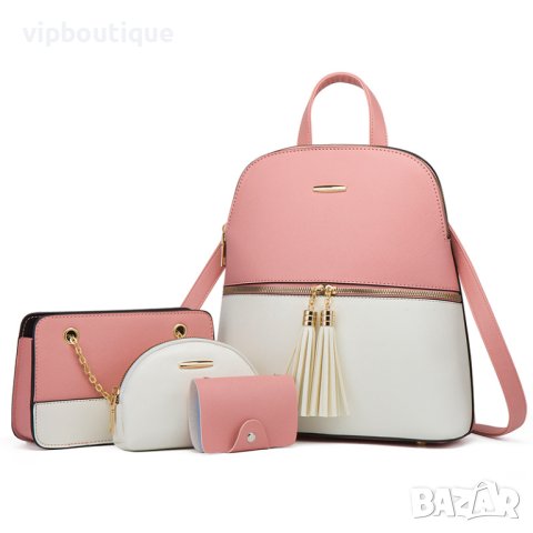 Дамска Розово Бяла Кожена Раница Комплект, снимка 2 - Раници - 43064153