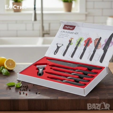 Комплект кухненски н о ж о в е Cheffinger MB09 – 6 части с мраморно покритие и магнитна кутия, снимка 3 - Прибори за хранене, готвене и сервиране - 53567256