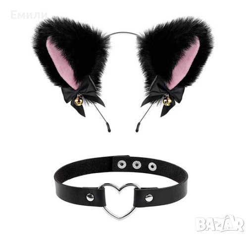 Комплект чокър колие и дамска диадема с плюшени котешки-лисичи уши с панделка и звънче, снимка 1