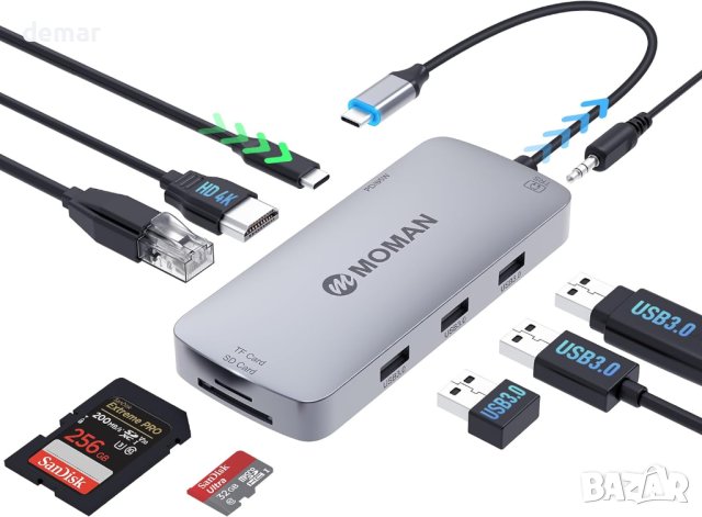 USB C адаптер с 4K HD изход, 3 USB 3.0 порта, SD/TF четец на карти, снимка 1 - Кабели и адаптери - 43426760