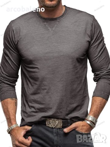 Мъжка едноцветна памучна тениска с кръгло деколте и дълъг ръкав, 6цвята, снимка 2 - Тениски - 43507038