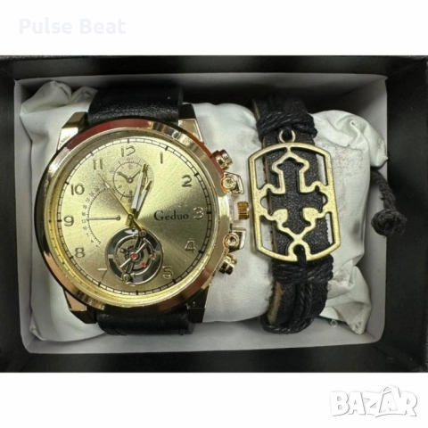 Елегантен мъжки комплект – часовник с черна каишка и гривна с метален щит, снимка 10 - Мъжки - 52045183