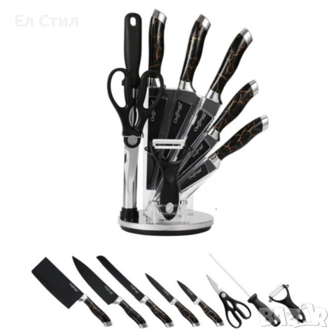 Комплект уреди за рязане–9 части с мраморно покритие, стойка, точило и белачка, снимка 8 - Прибори за хранене, готвене и сервиране - 53565458