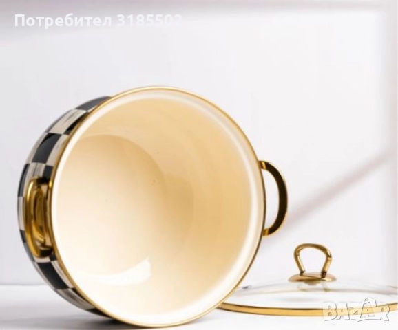 Тенджера Goldmann 24x15см. 6.2л./  26x16см. 8.5л., 4л., 5л., Емайл. Индукция. Бял/Черен каре, снимка 7 - Съдове за готвене - 51513670