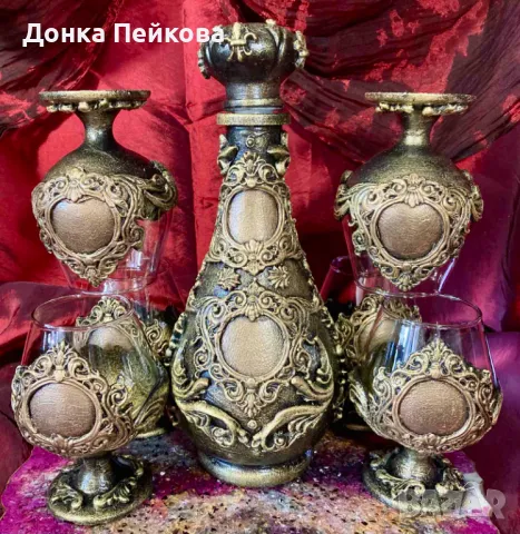 Ръчно изработен сервиз за коняк в старинно злато от 7 части, снимка 2 - Чаши - 48657359