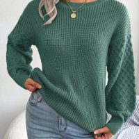 Дамски плетен пуловер с дълъг фенер ръкав за свободното време, 3цвята - 024, снимка 3 - Блузи с дълъг ръкав и пуловери - 43468486