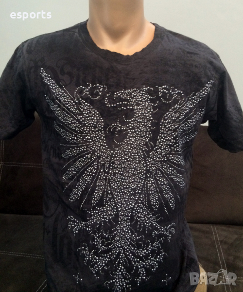 Мъжка тениска AFFLICTION Studded Phoenix Charcoal Grey S Small, снимка 1