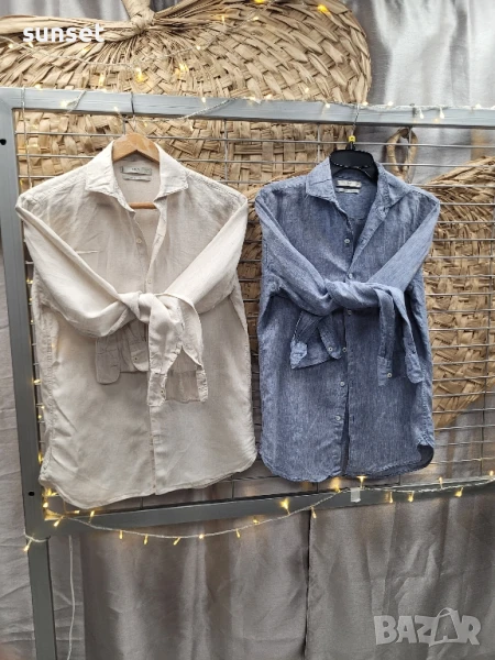 ЛЕНЕНА  бежова и синя мъжка риза  MANGO- XXS, снимка 1